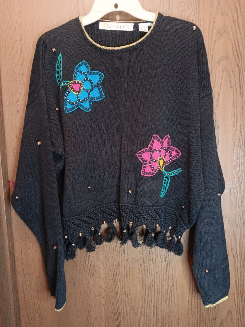 Chaus women's vintage black knit intarsia sequin floral tassels sweater sz Med.